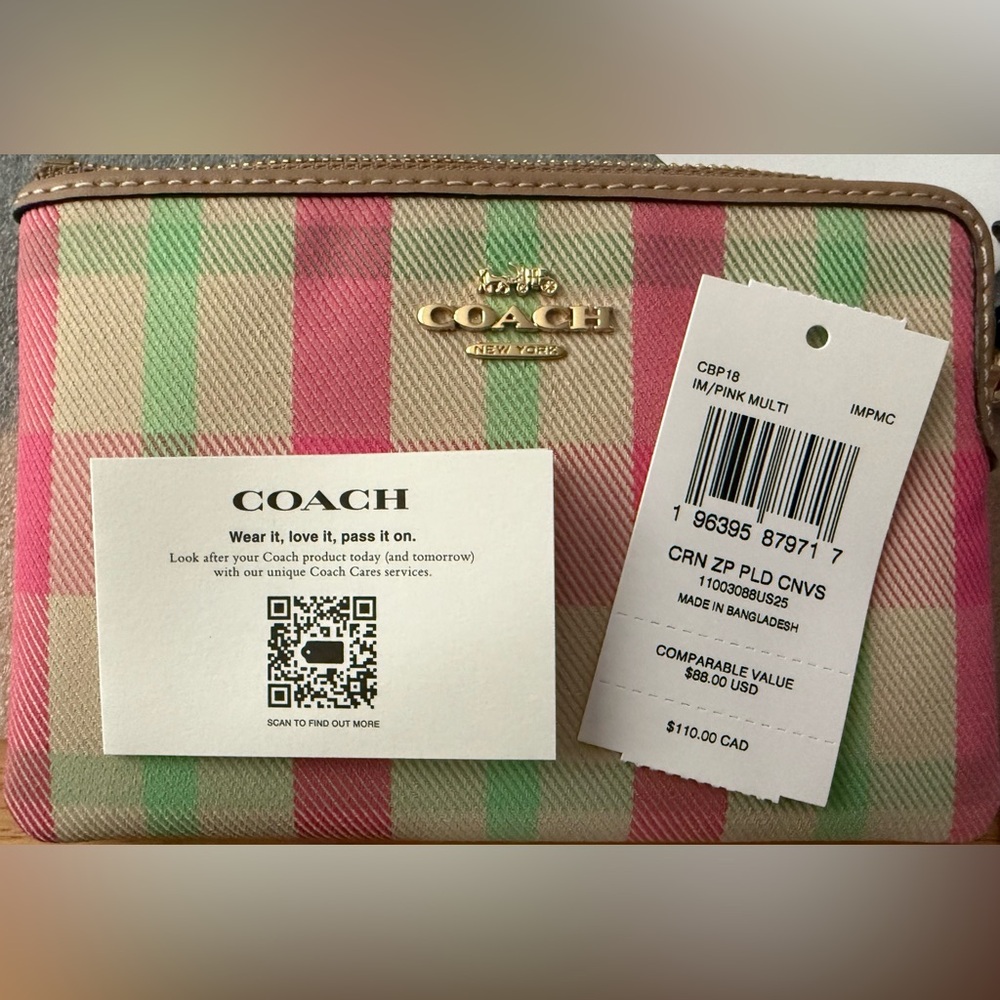 COACH 💕 Corner Zip Wristlet Wallet with Pink & Green Plaid Print - Picture 7 of 7